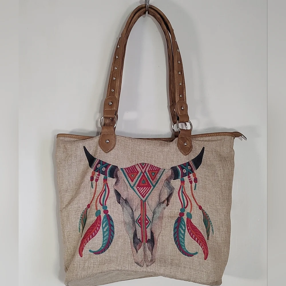 Montana West Burlap Tan Tote Bag with Tribal Design